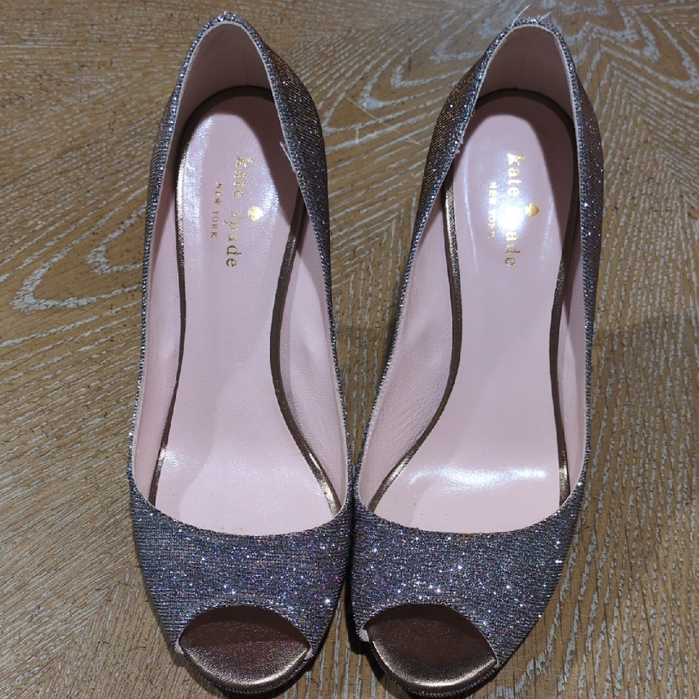 Kate Spade Sparkling Peep Toe Heels - Silver and Pink Iridescent